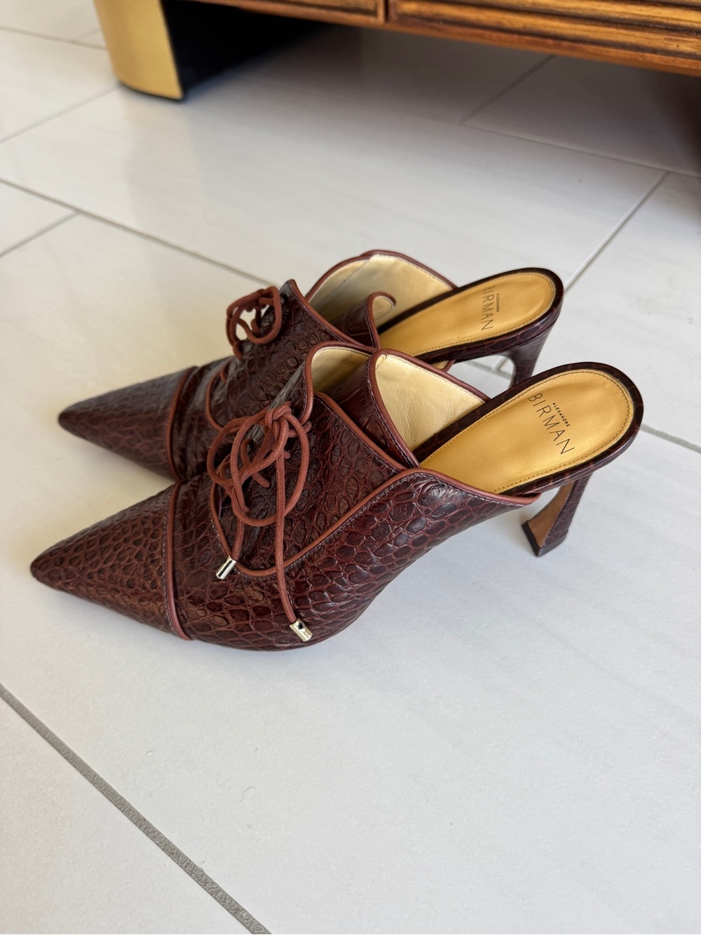 Alexandre Birman Croc-Embossed Pointed Lace-Up Mules size 40